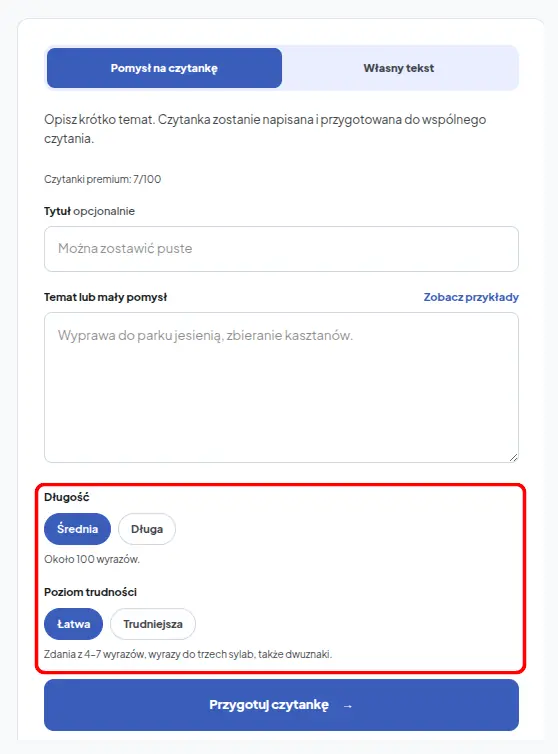 Formularz tworzenia czytanki: pole opisu, a pod nim zaznaczone przyciski wyboru poziomu