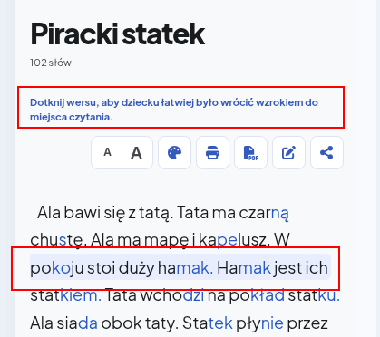 Tryb czytnika z sylabami w dwóch kolorach i podświetlonym wersem tekstu